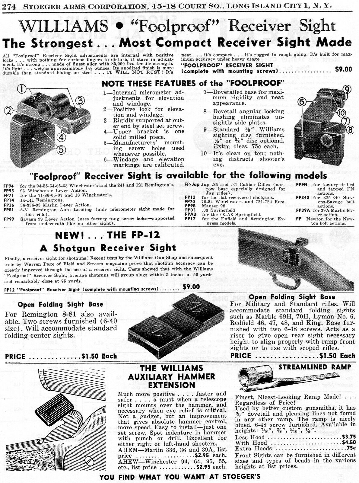 1954 Print Ad of Williams Foolproof Rifle Receiver Sight, FP-12 Shotgun Sight
