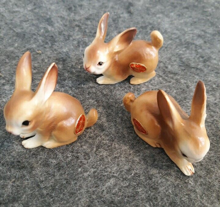 (3) Vtg. Rabbits Bone China Miniature Figurines Original stickers&Box Japan