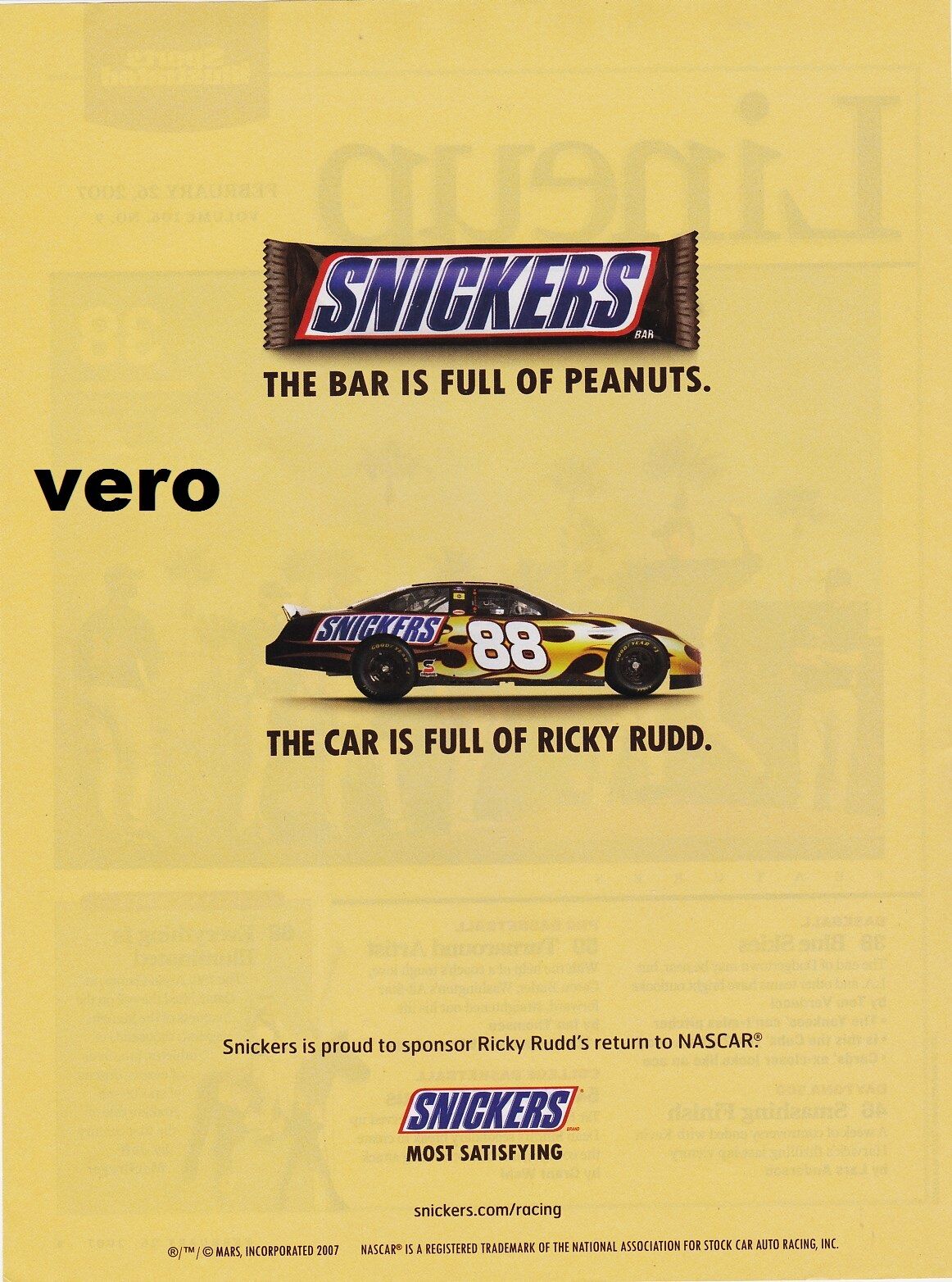 SNICKERS 2007 print ad clipping peanut butter chocolate RICKY RUDD NASCAR return