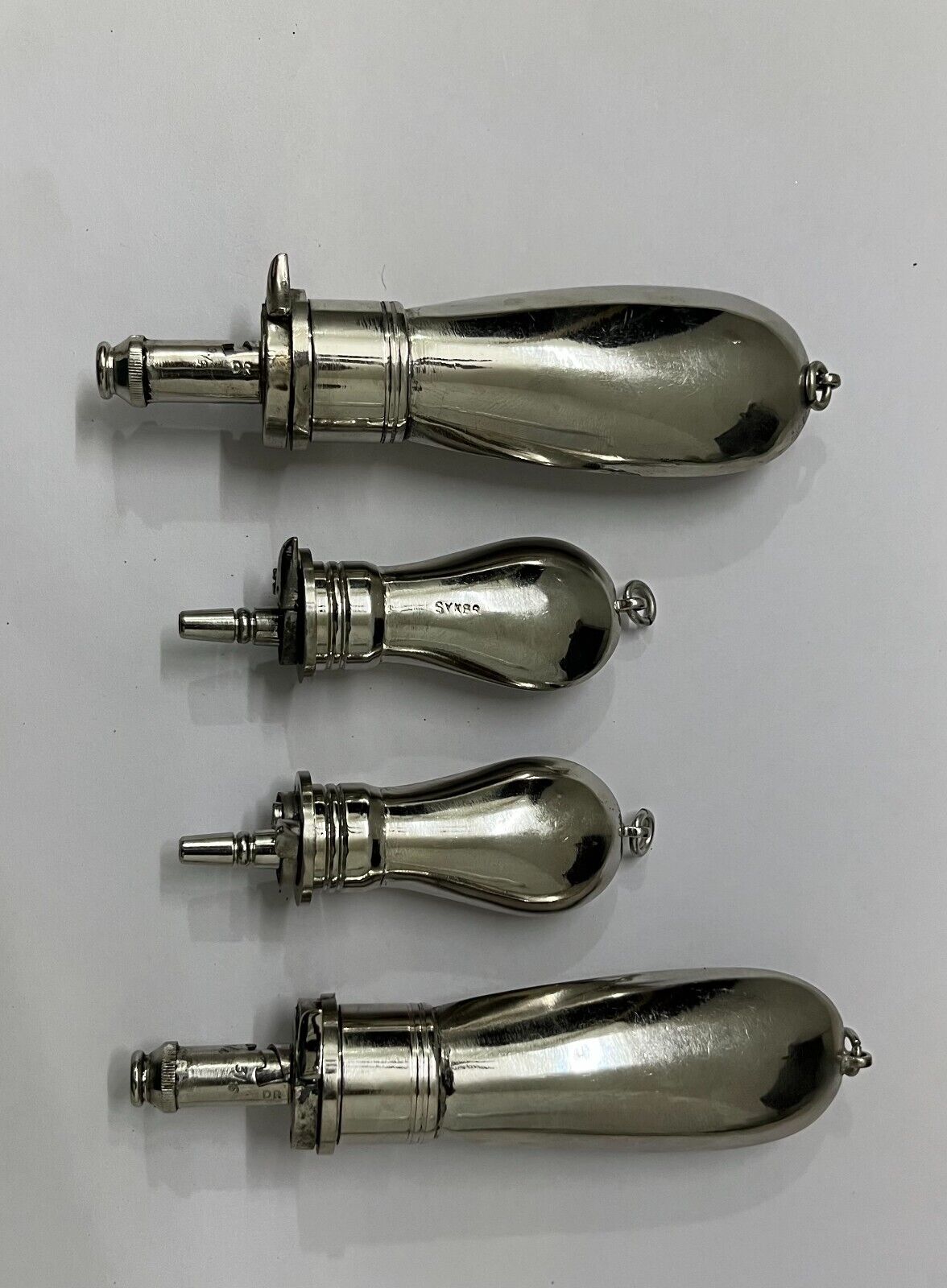 Victorian Style Miniature Brass Nickel Plated Gun Powder Big & Small Bottle 4 pc