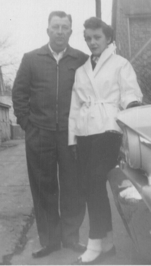 3F Photograph 1958 Cute Couple Handsome Man Beautiful Woman Front Old Car 1950s