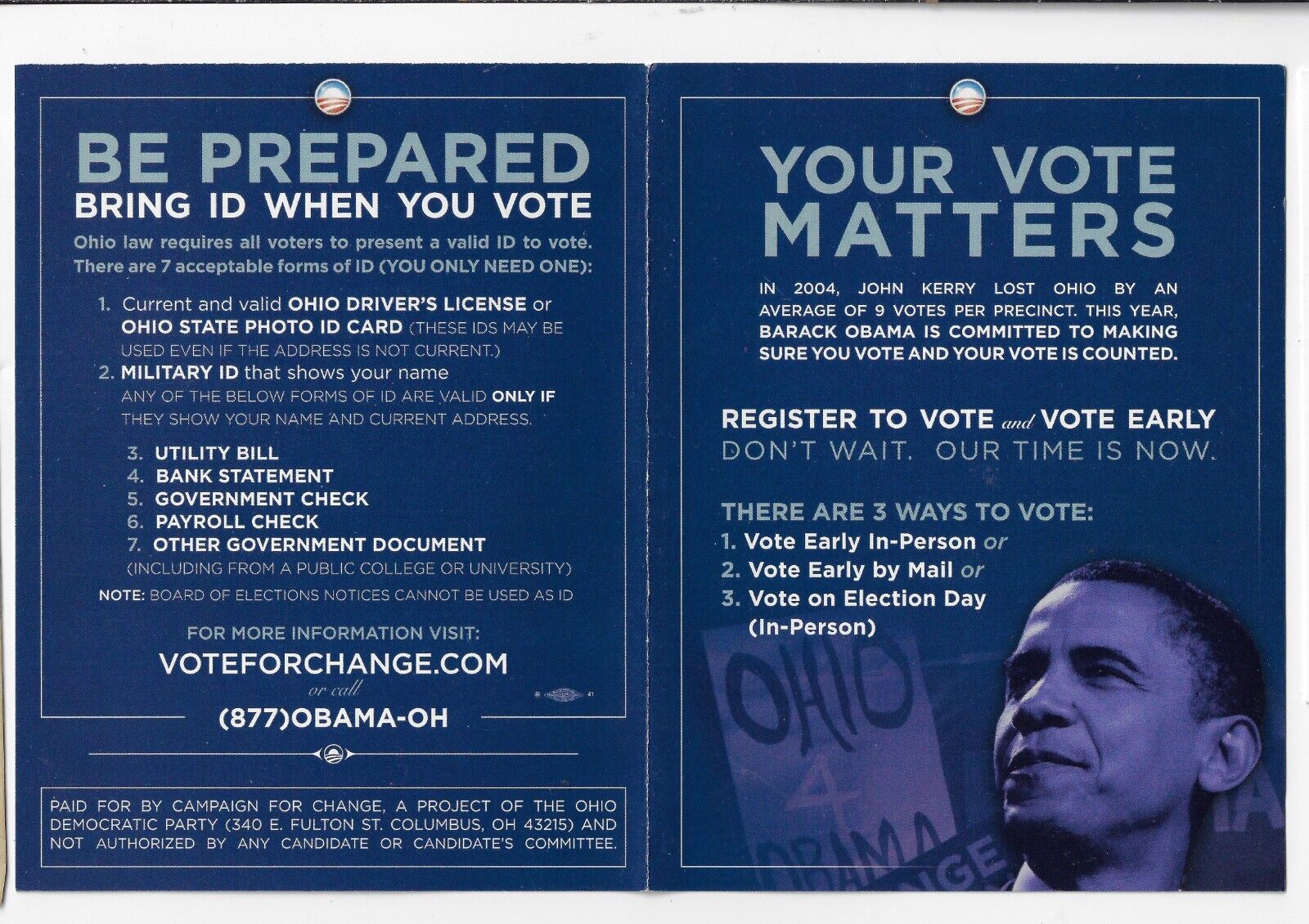 2008 Ohio Released Barack Obama Presidential Campaign Folding Handout Vote