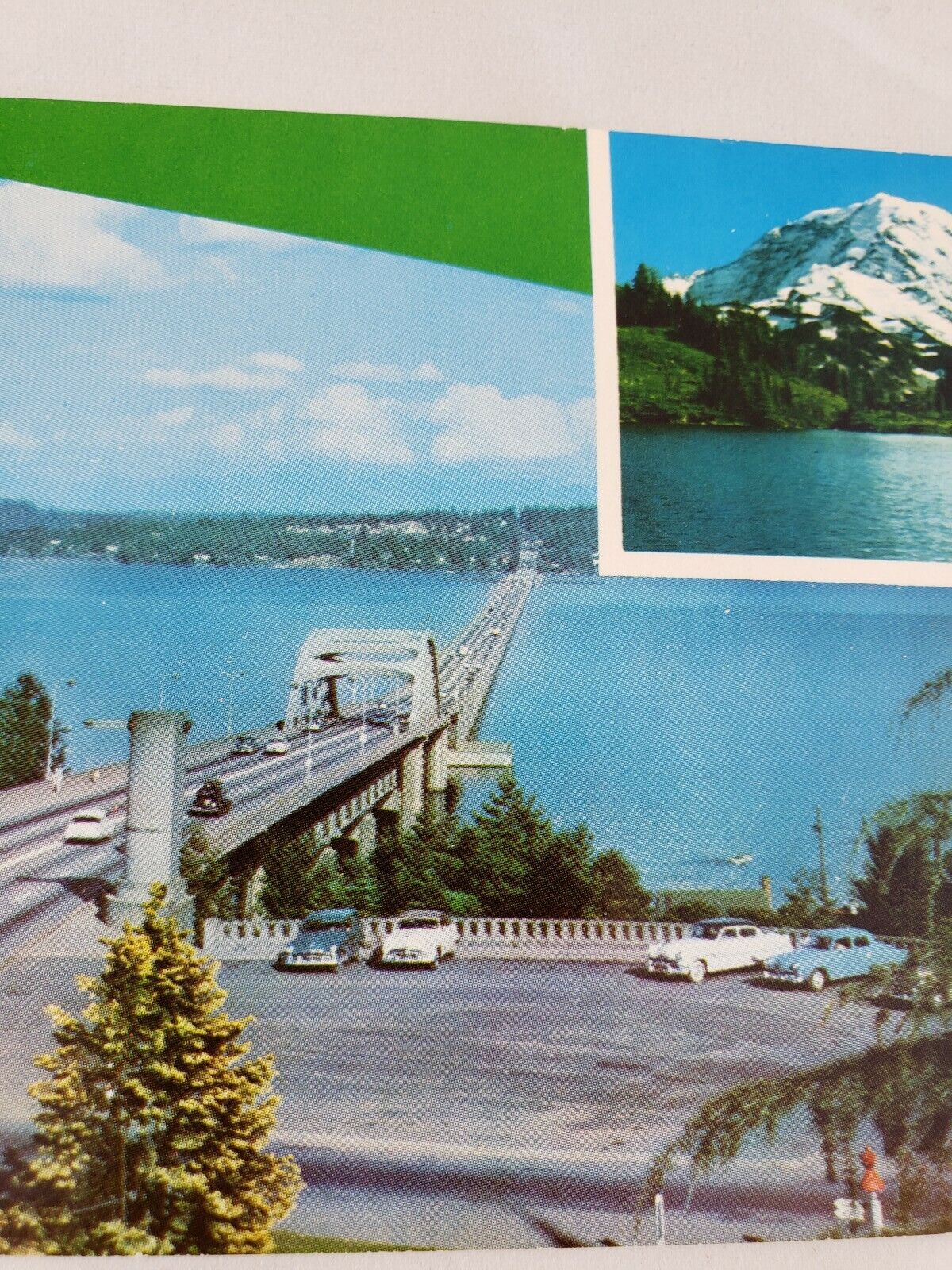 C 1955 Seattle Lake Washington Pontoon Floating Bridge Cars Mt Rainier Postcard