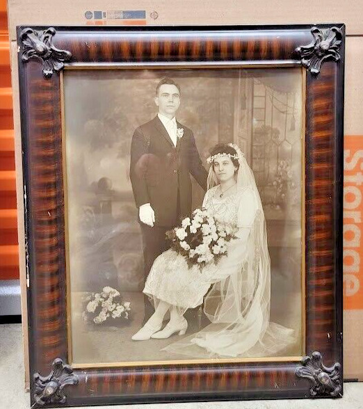 Antique Black & White Married Wedding Portrait Couple Carved Framed Photo