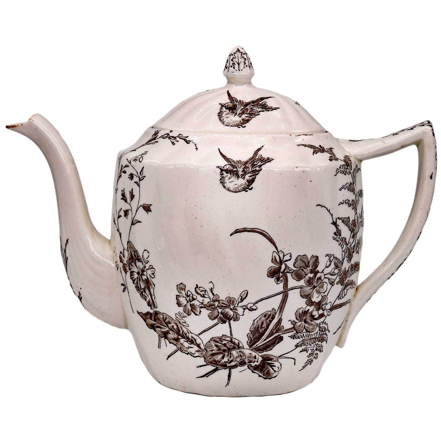 Antique Victorian Aesthetic Transferware Teapot PB&S Devon Brown Floral Birds