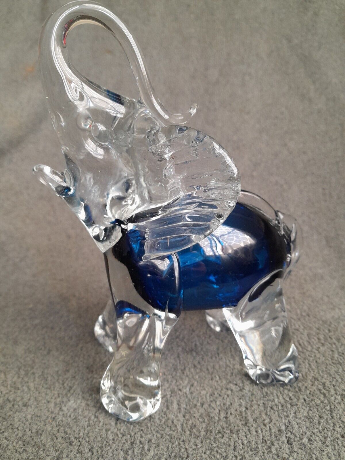Stunning Vintage Glass Elephant Blue Figurine Hand Blown Art Glass Trunk Up