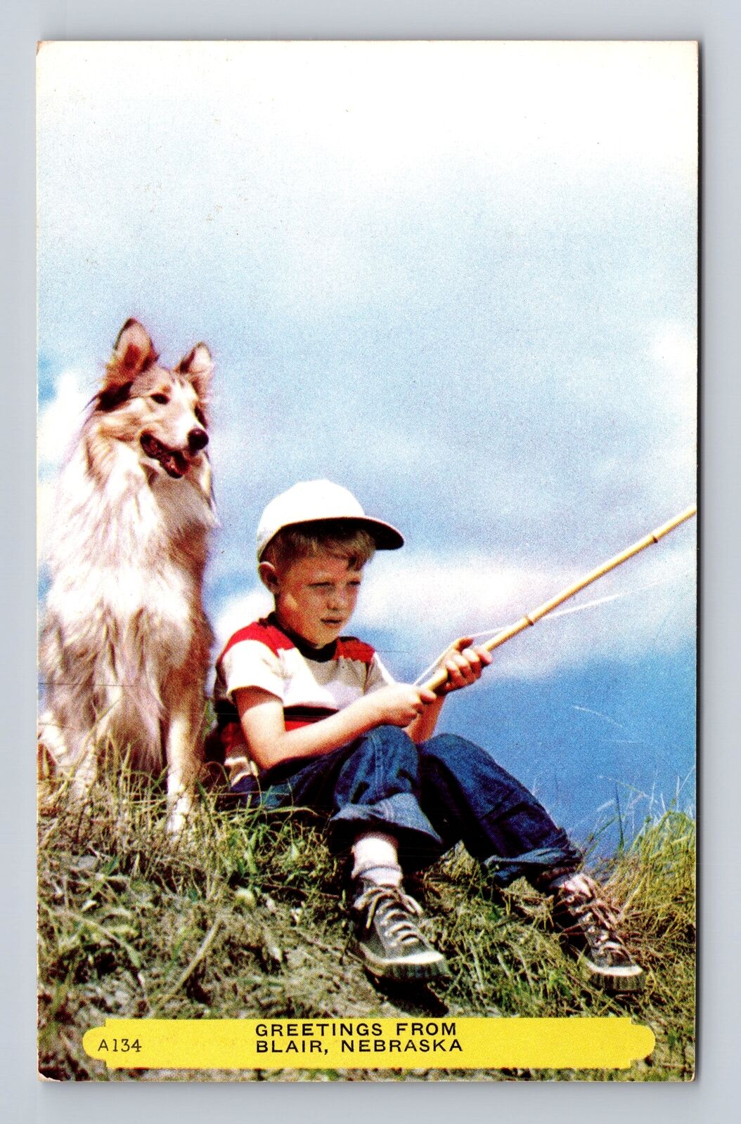 Blair NE-Nebraska, Scenic Greetings, Boy Fishing, Dog, Vintage Souvenir Postcard
