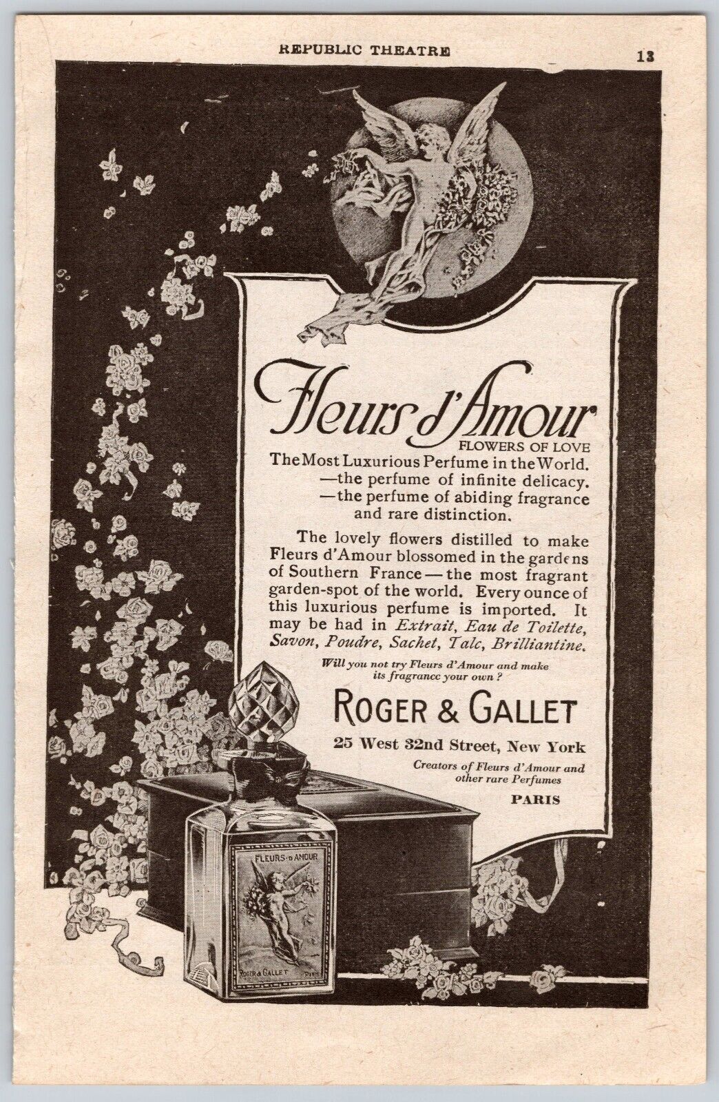 1921 Print Ad Fleurs d\'Amour Flowers of Love Perfume Roger & Gallet Angel