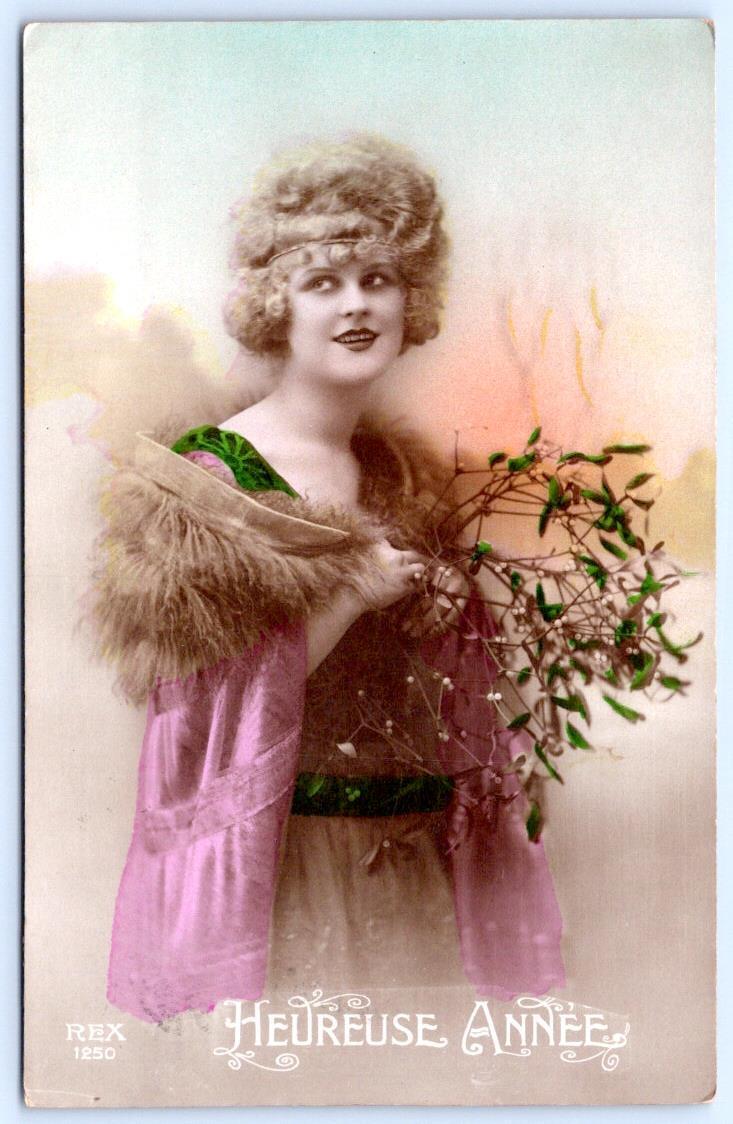 ANTIQUE RPPC FRENCH HAND COLORED HAPPY NEW YEAR REX POSTCARD PRETTY WOMAN