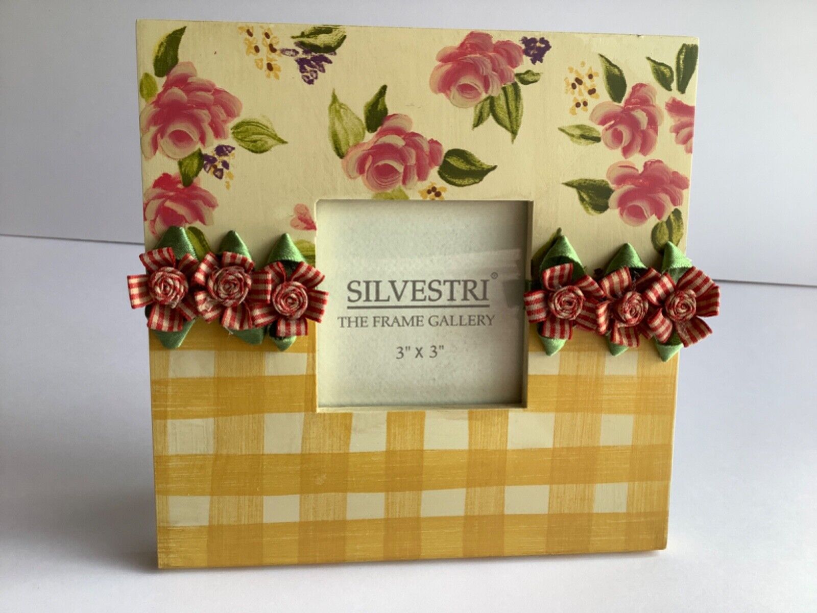 Silvestri Photo Picture Frame Pink Roses Bows Yellow Gingham Cottagecore Shabby