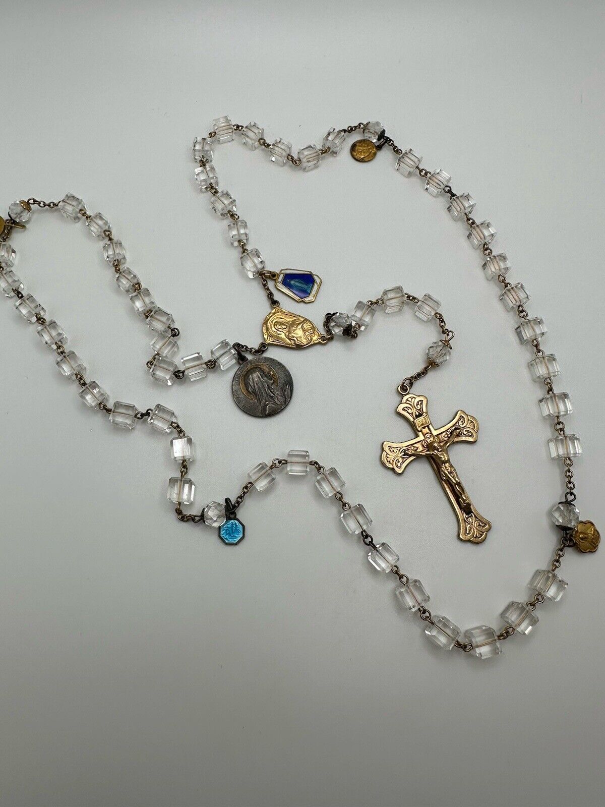 Antique 12k GF Crystal Rosary With Medals Both Gold And Sterling Lourdes