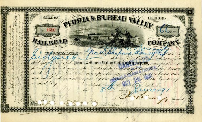 Peoria and Bureau Valley Railroad Co. Issued to C.W. Durant Estate - Railway Sto
