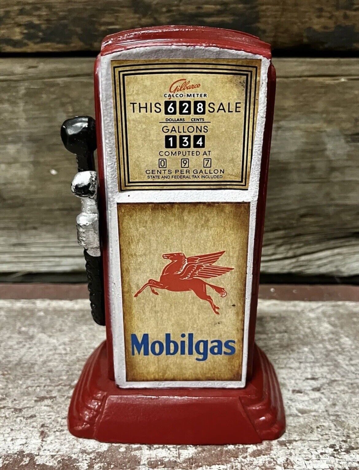 MOBILGAS Pegasus Gasoline Red Mini Gas Pump 6.5” Tall Metal Penny Coin Bank