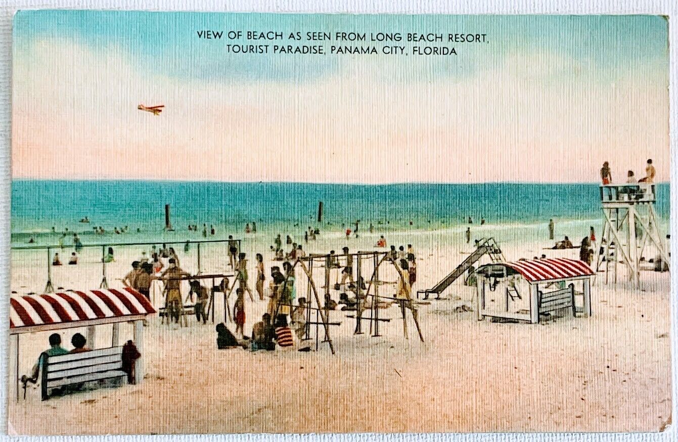 PANAMA CITY BEACH FLORIDA Vintage Unused Linen Postcard Long Beach Resort Ocean