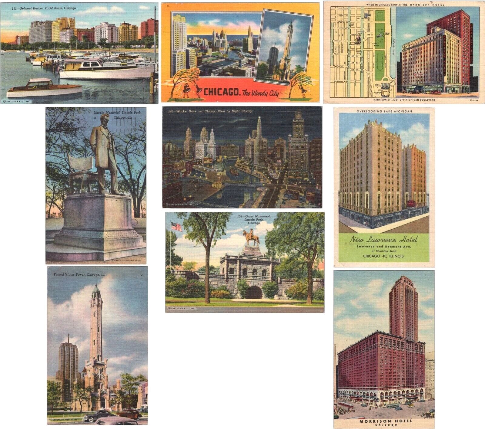 c1940s-50s Lot of 9 Vintage Chicago Illinois IL Linen Postcards