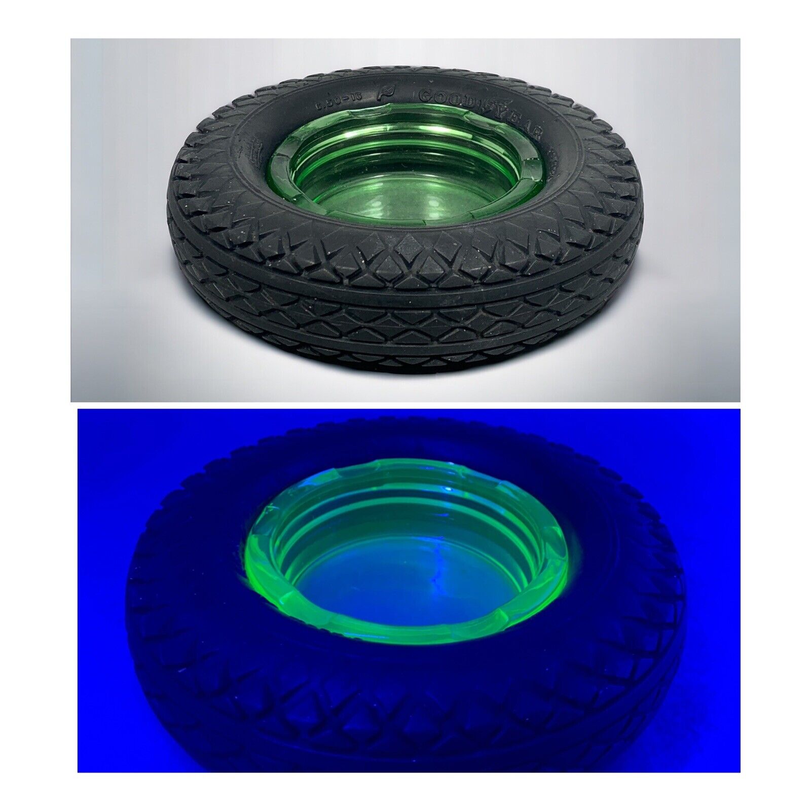Goodyear Ashtray Green Glass Rubber Tire UV UG Glow Vintage NEEDS Cleaning