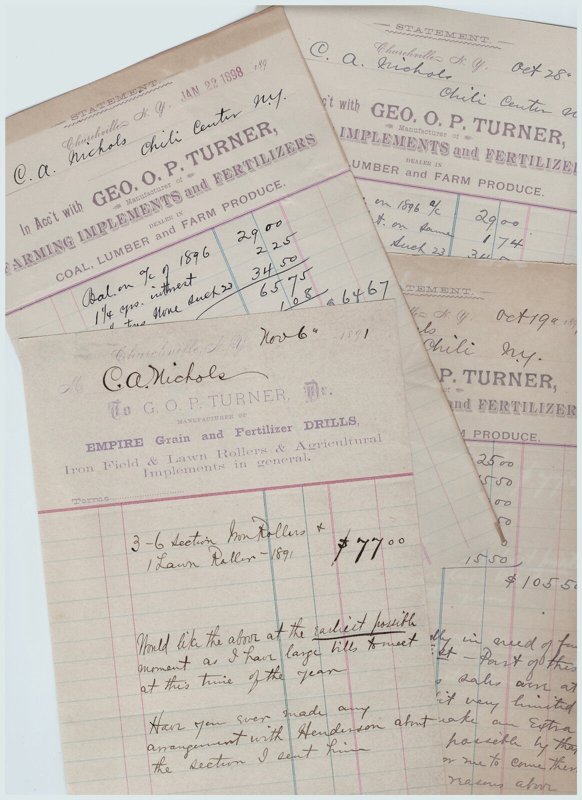 Billhead LOT of 4- Geo Turner Churchville NY 1891+ Signed Letter Farm Implements