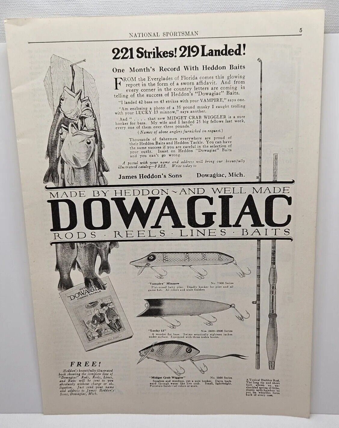 1921 Heddon Dowagiac Fishing Supplies Print Ad.