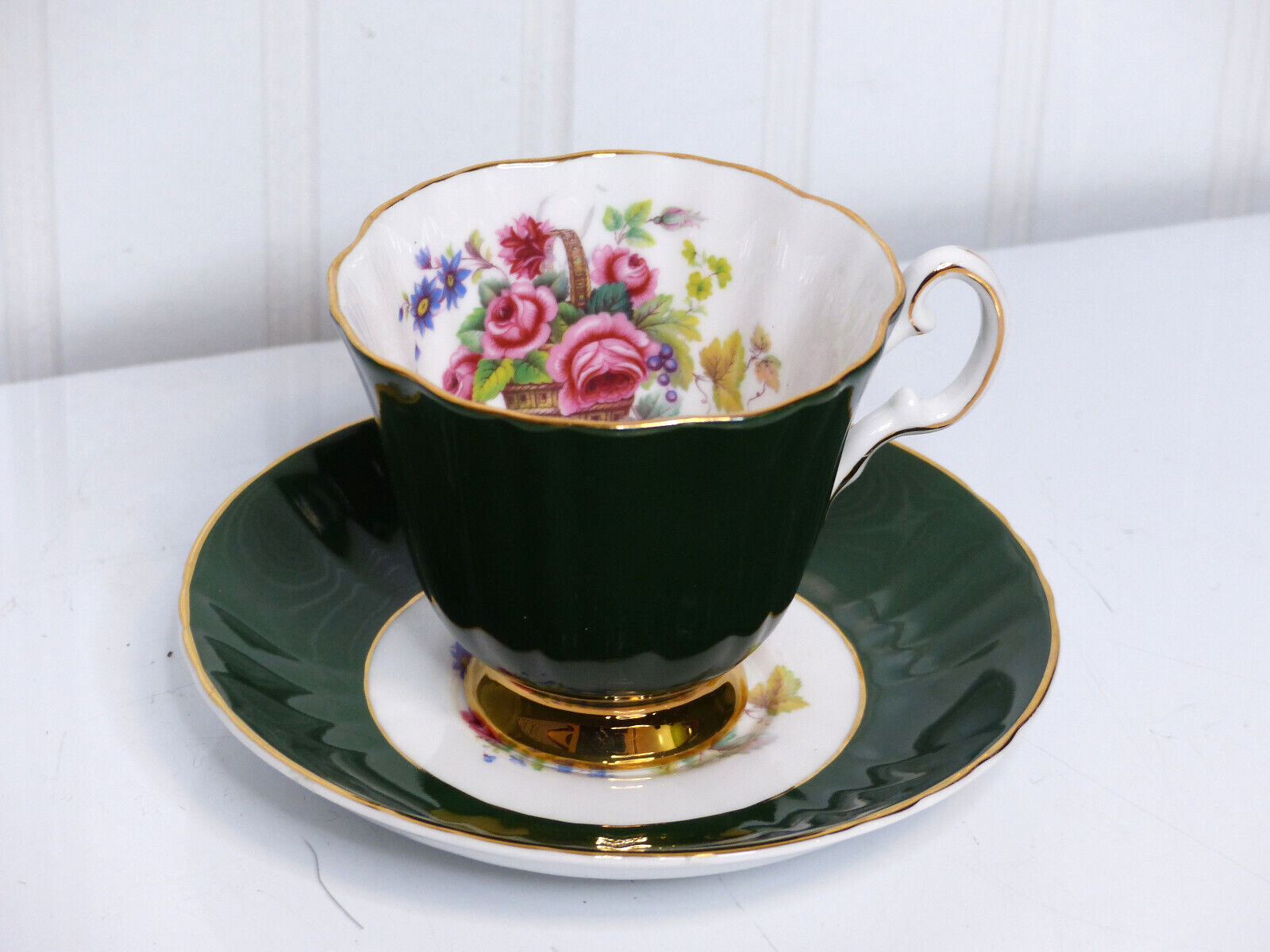 Vintage Royal Grafton Tea Cup and Saucer FLORAL DESIGN Dark Green Cup & Saucer