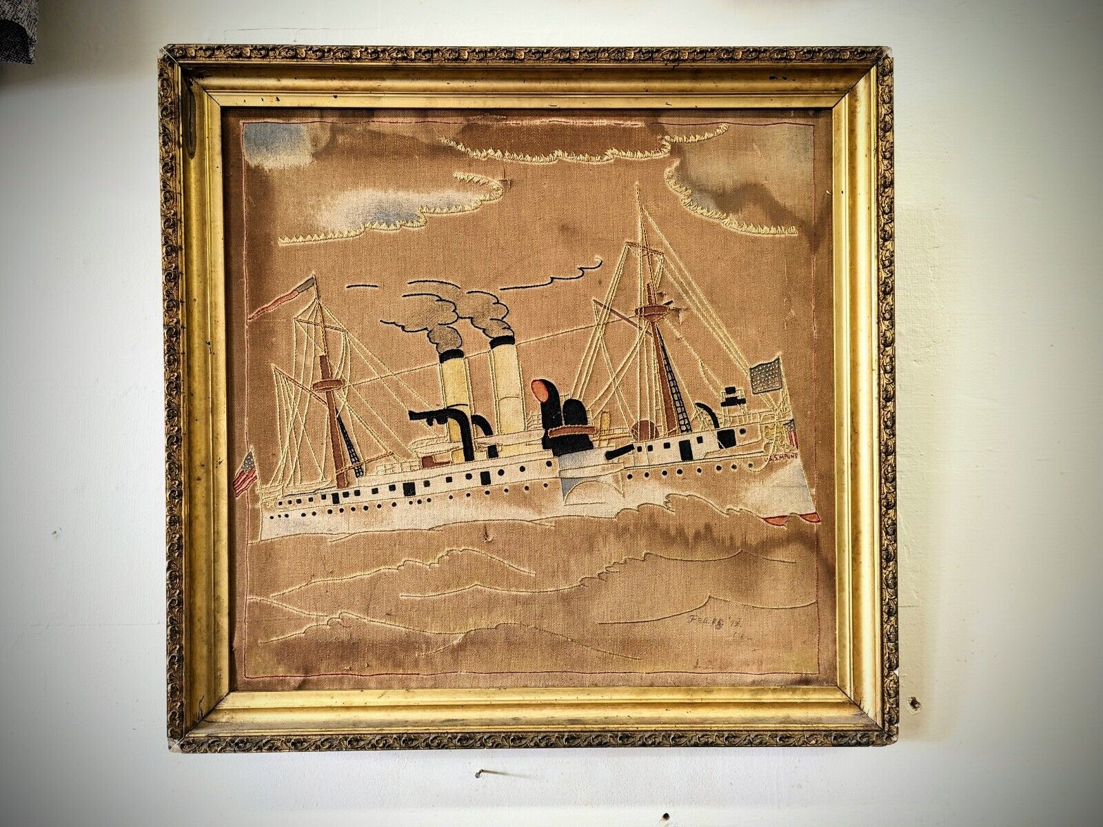 Antique Folk Art Sampler Needlepoint Embroidery Painting Steam Ship USS Maine