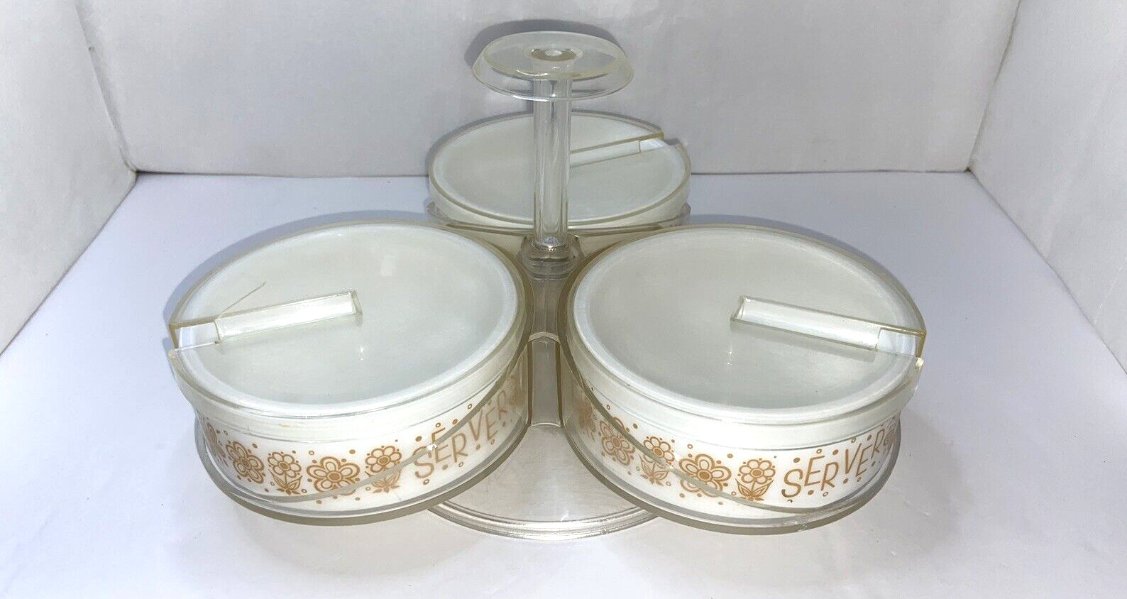 Vintage GEMCO Gold Butterfly Three Condiment Server Lazy Susan Spinner 7 Pc. Set