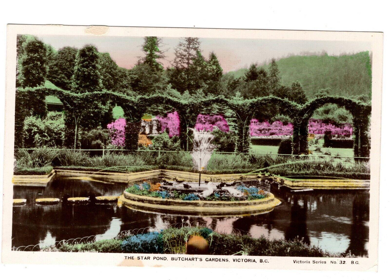 Victoria Postcard Canada RPPC Star Pond Butchart's Gardens BC Hand Color