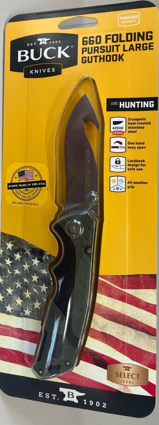 New Buck 660 Pursuit Large Folding Guthook Lockback Knife w/ Sheath 0660GRG-C