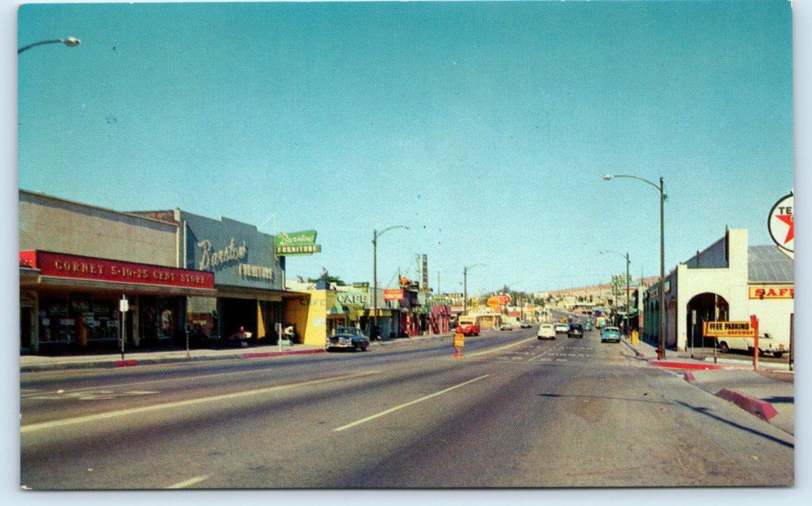 BARSTOW, CA California ~ Route 66 STREET SCENE c1950s Cars Texaco Postcard