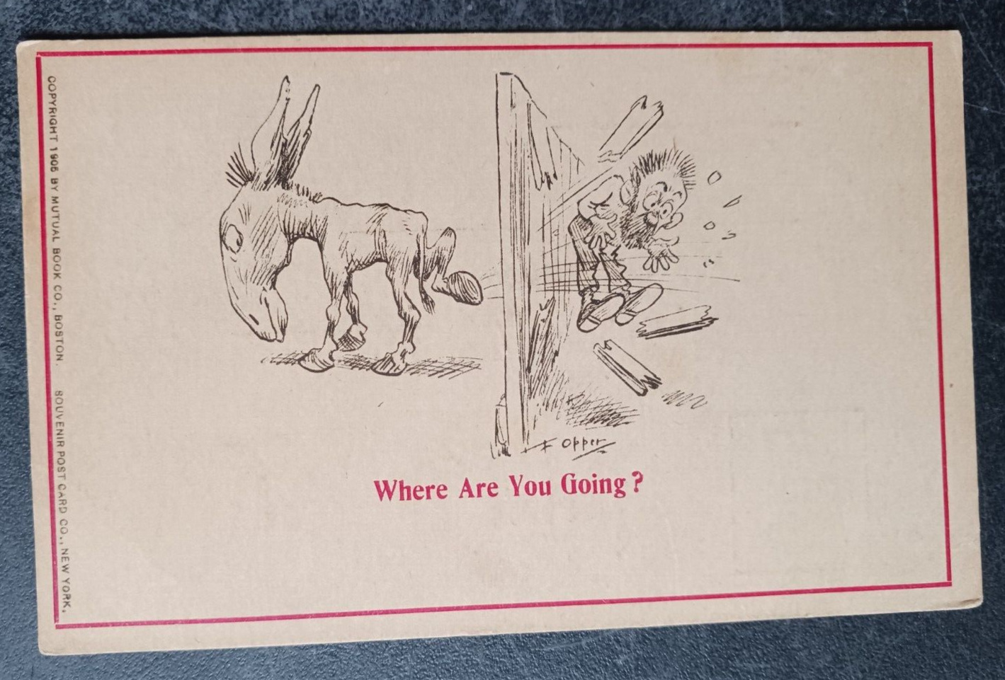 vtg postcard art  Kicking Donkey Where Are You Going? Humor F. Opper undivided