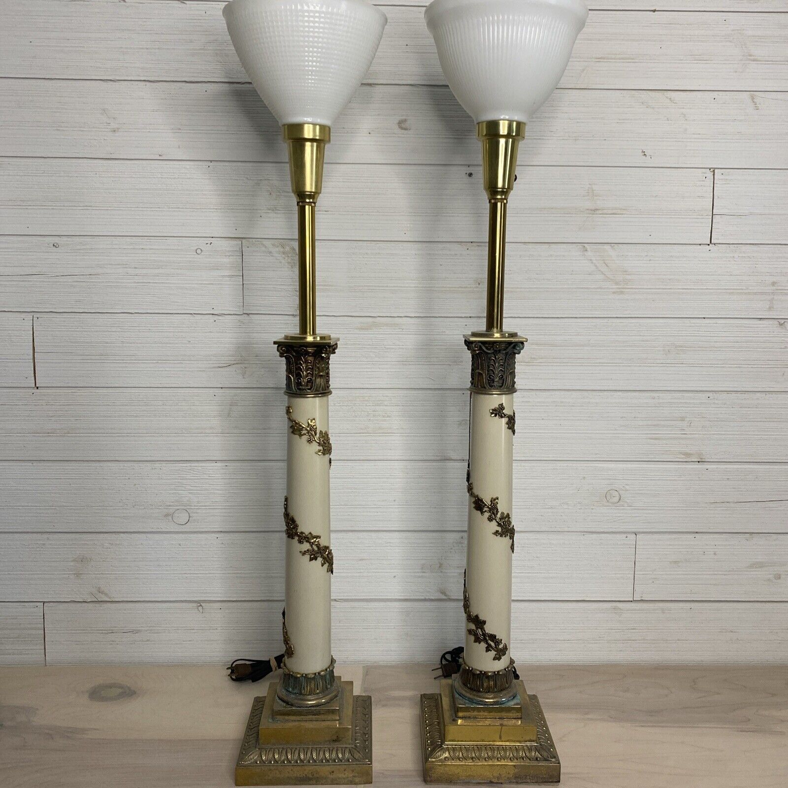 Vintage Stiffel Tall White Enamel and Brass Table Lamps - a Pair