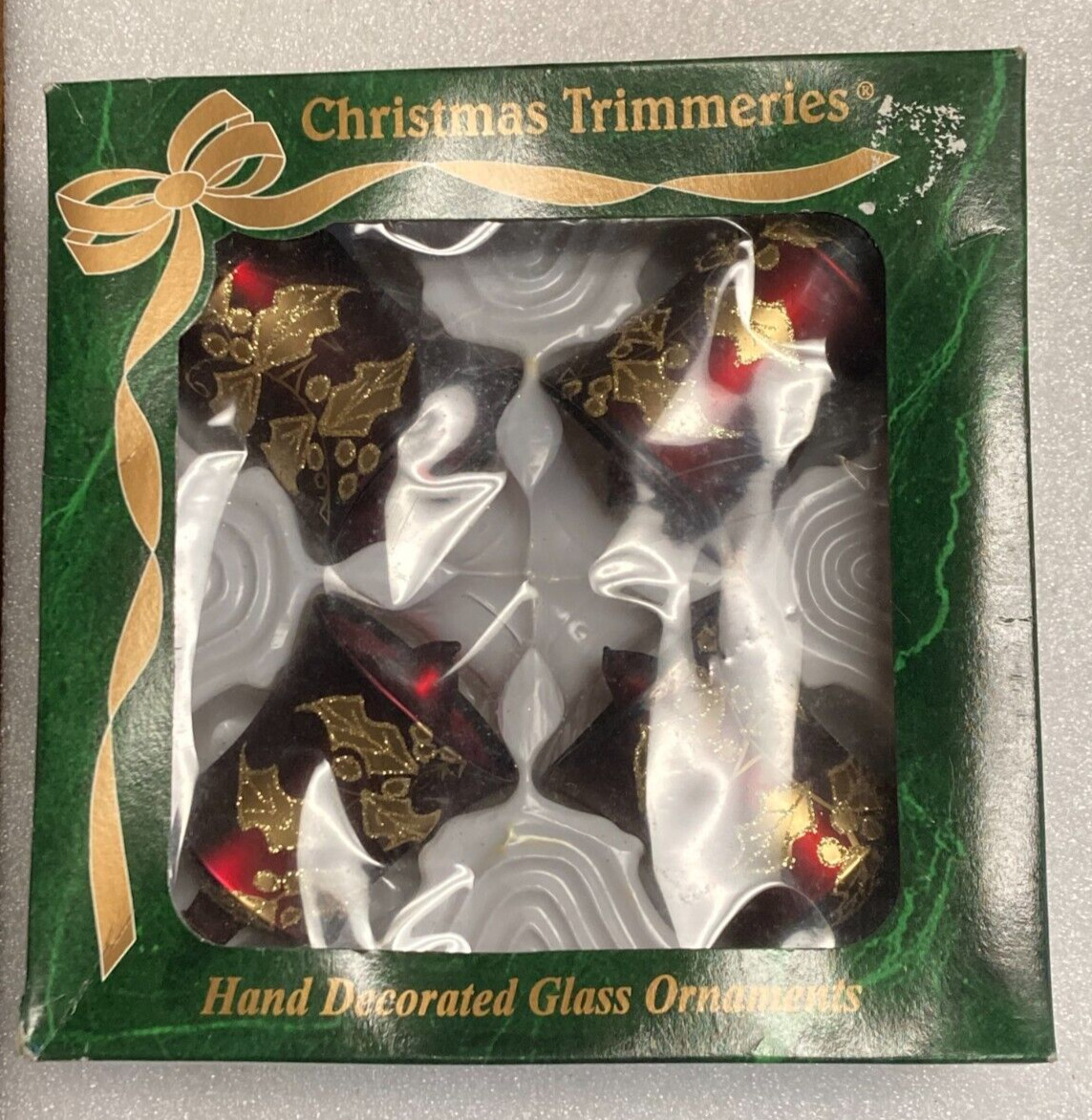 4 Vnt Christmas Trimmeries Ornaments Red & Gold Holly Bells Hand Decorated Glass