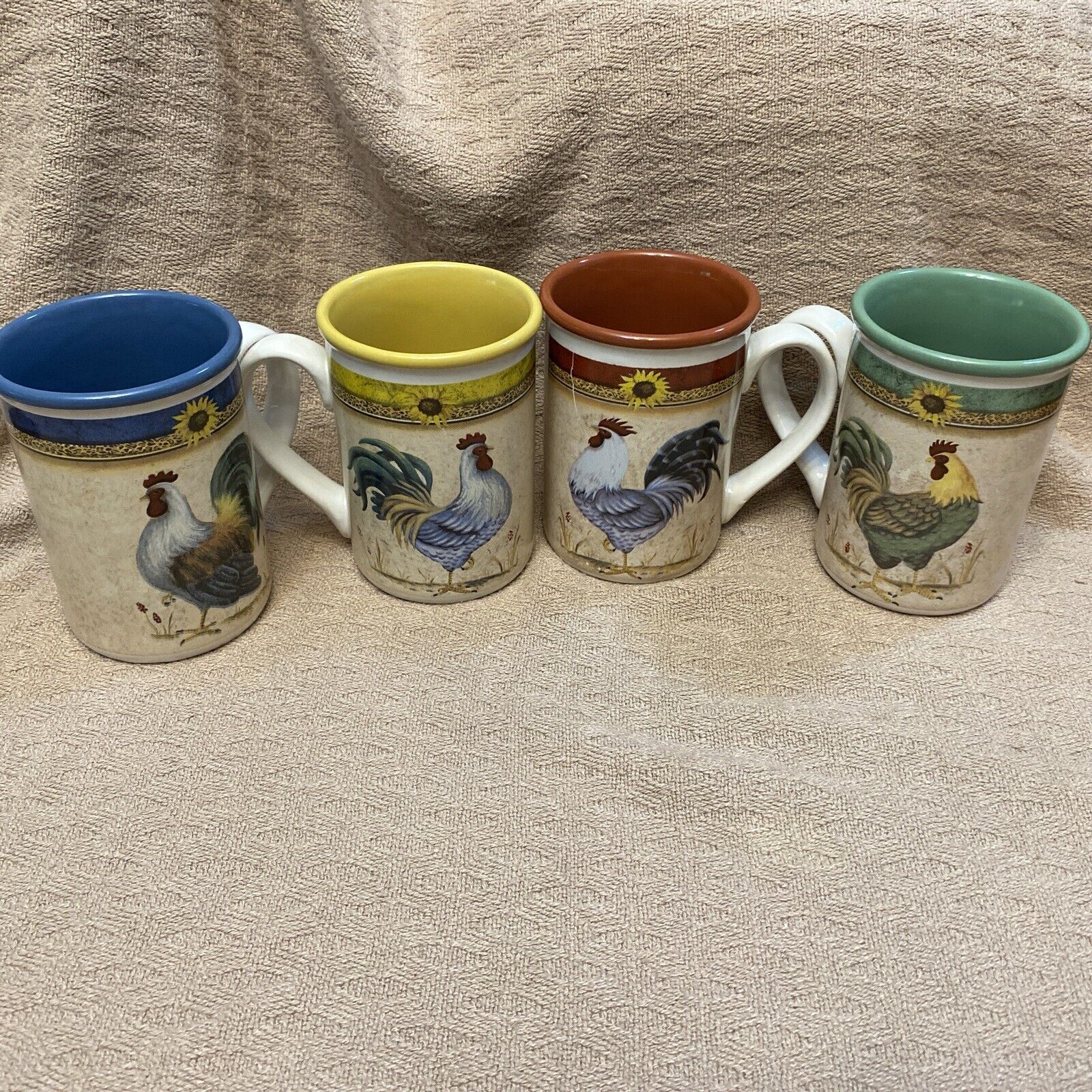 Vintage Gibson Everyday Coffee Mug Rooster Chicken Sunflower Set of 4 Farm