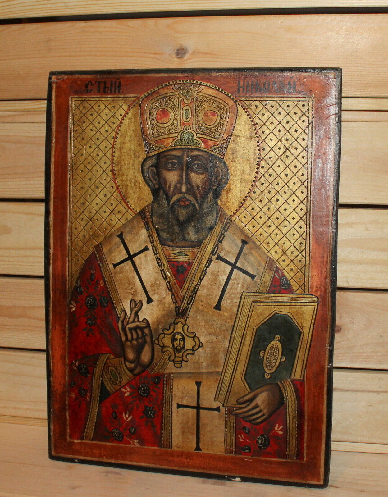 Vintage hand painted Orthodox icon Saint Nicholas