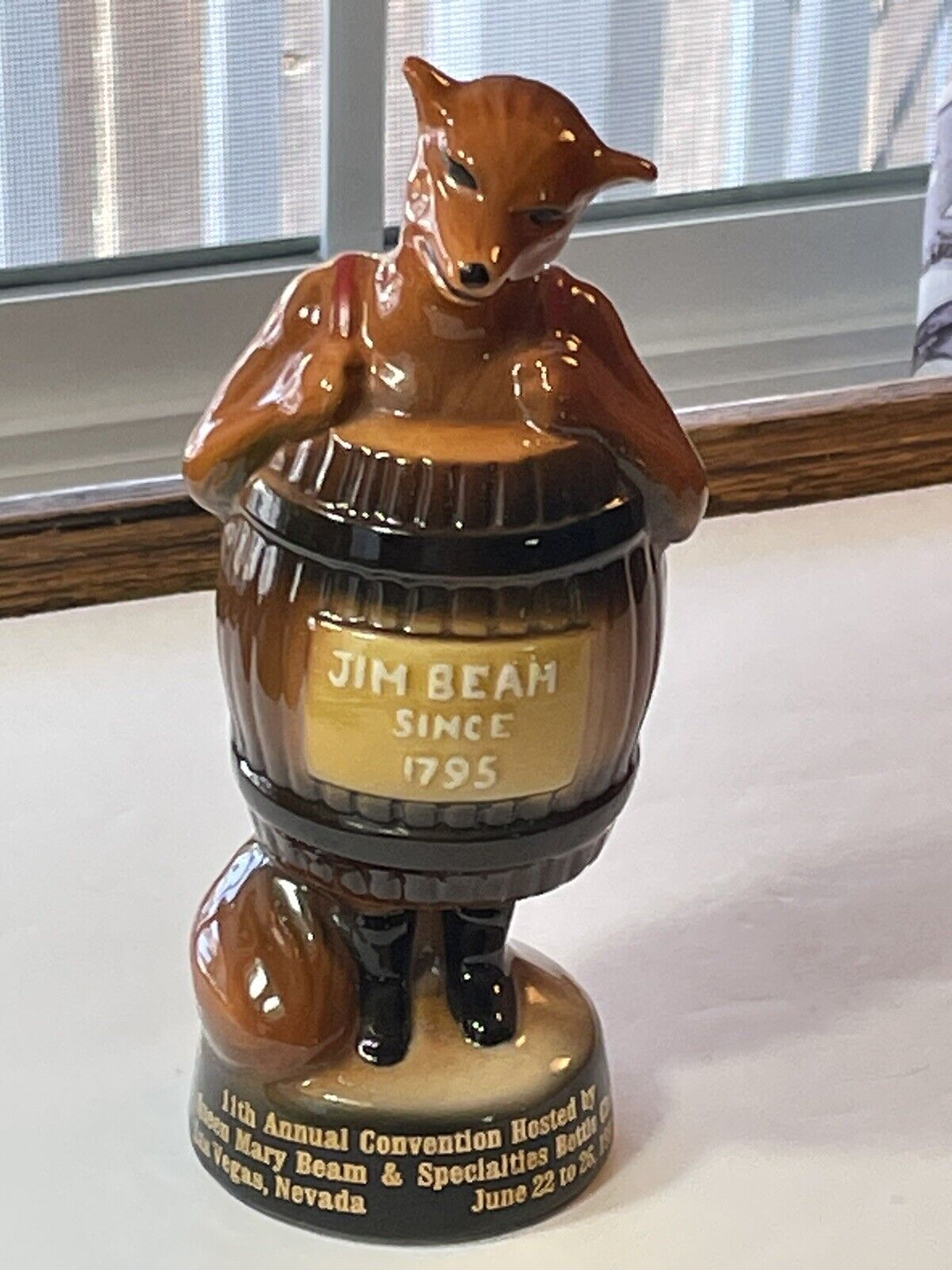 Jim Beam Decanter 1981 Ceramic Fox in Barrel Paperweight Convention Las Vegas
