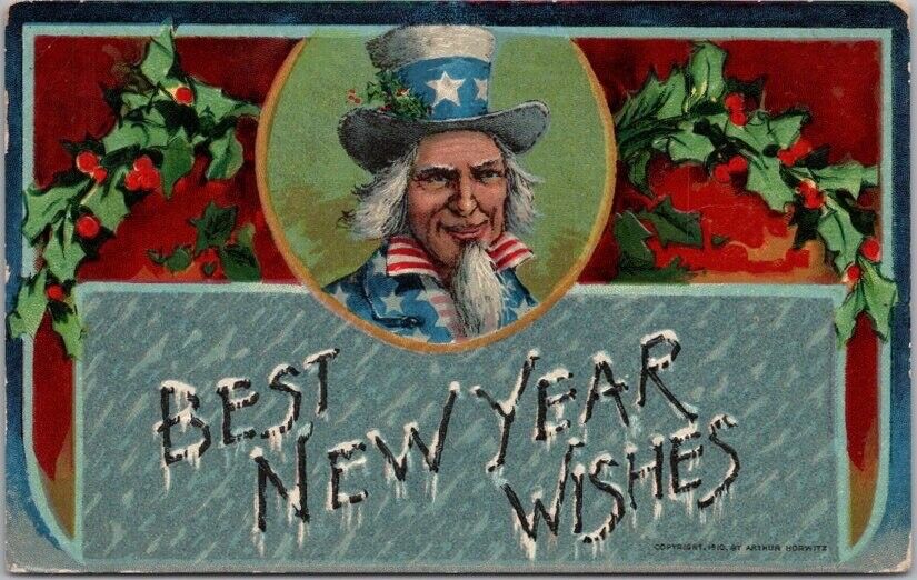 Vintage HAPPY NEW YEAR Embossed Postcard with UNCLE SAM / 1915 CAL. Cancel