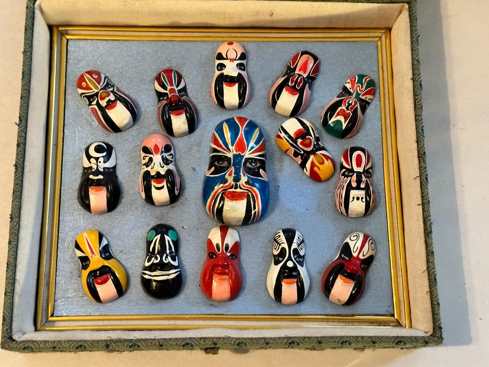 Set of 15 Chinese Kabuki Kumadori Miniature Masks in Original Cloth Box