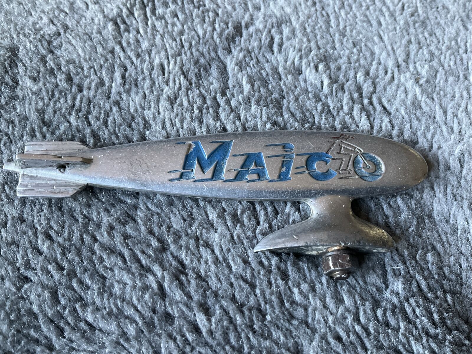 A RARE VINTAGE MAICO BICYCLE MASCOT FOR FENDER DOUBLE SIDED.