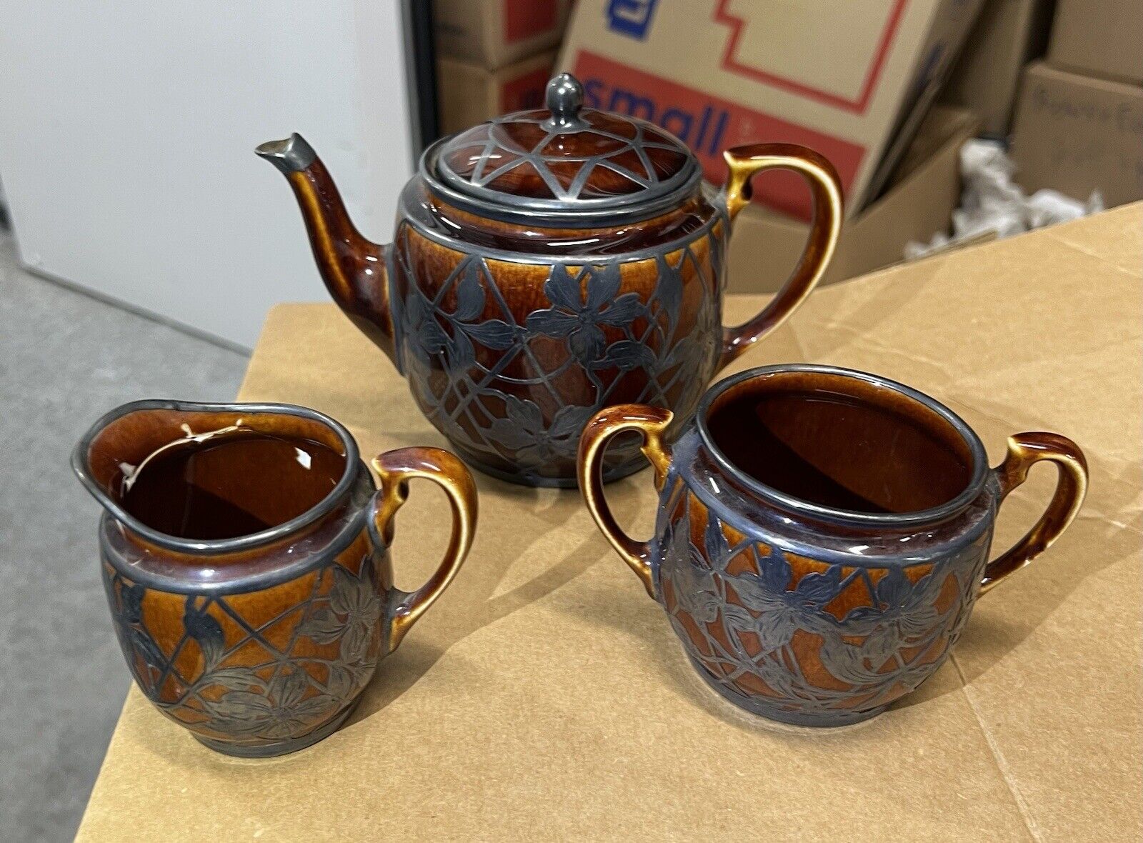 early Lenox silver overlay teapot sugar creamer