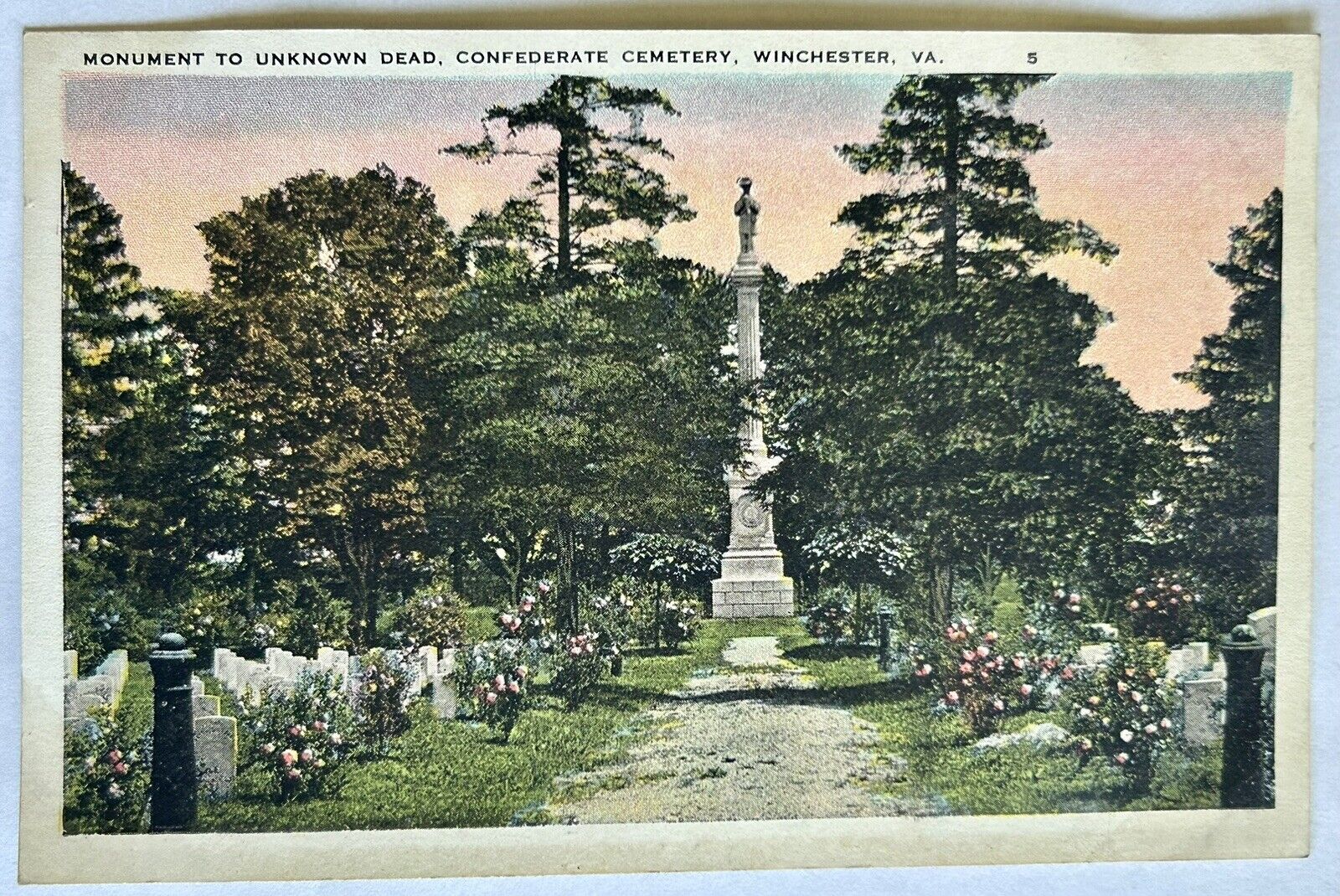 Monument to Unknown Dead. Confederate Cemetery. Winchester Virginia Postcard. VA