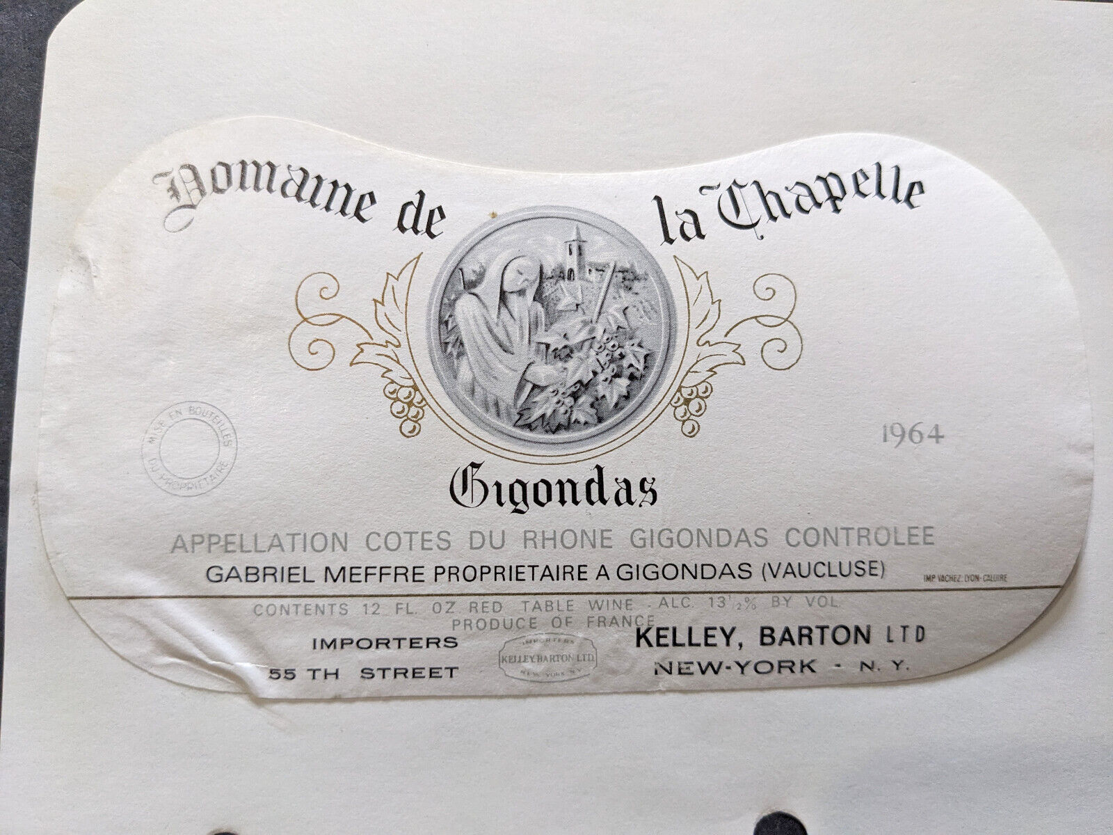 Vintage 1960s Domaine de la Thapelle Gigondas Gabriel Meffrie Rhone Wine Label