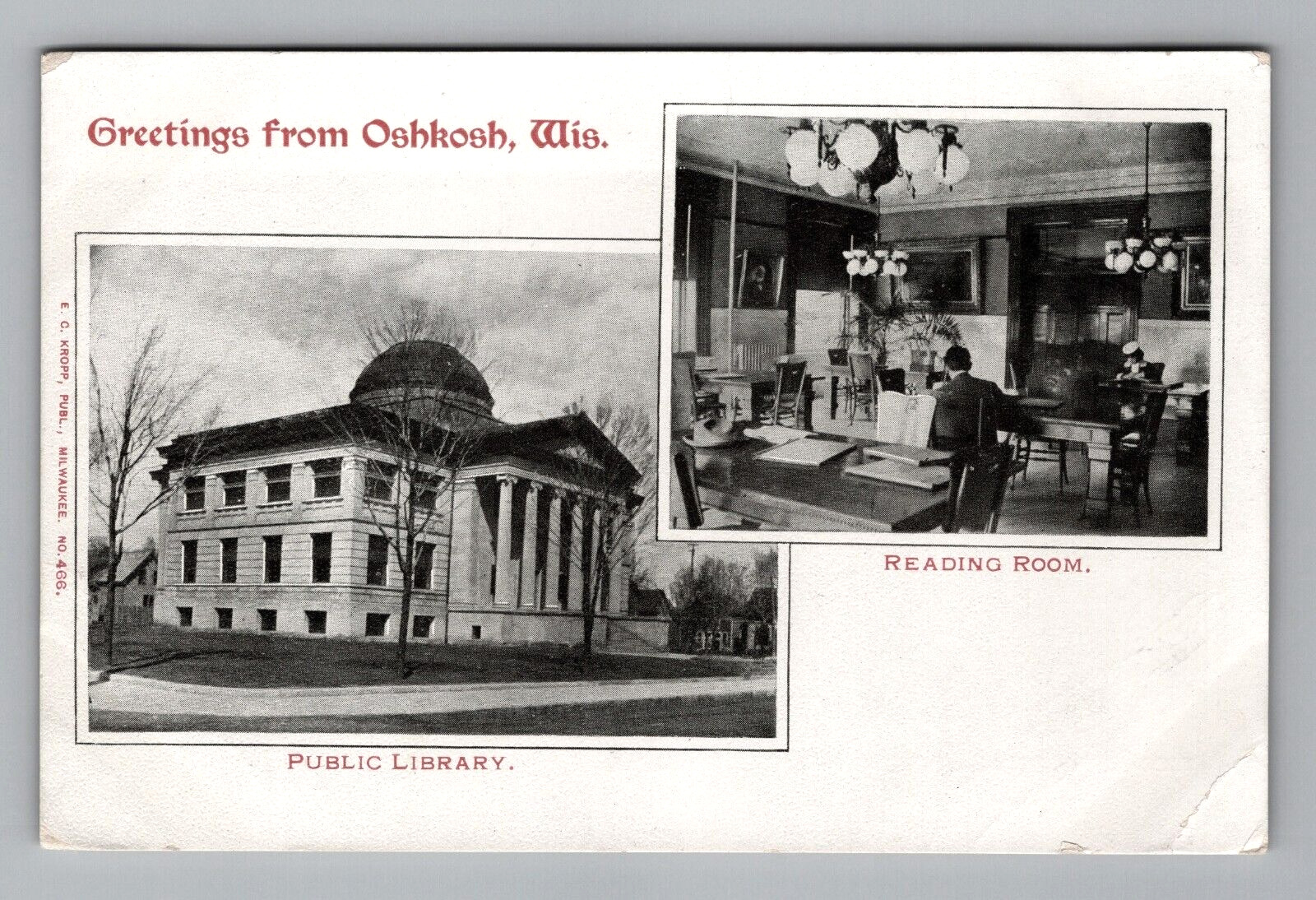 Postcard Early 1900s WI Public Library Reading Room Split View Oshkosh Wisconsin
