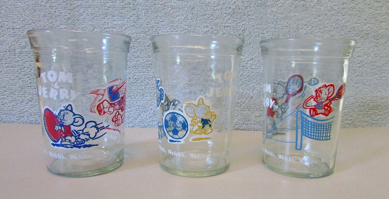Welch\'s Tom and Jerry Jelly Jars 1991 Vtg Sports Glasses Football Tennis Soccer