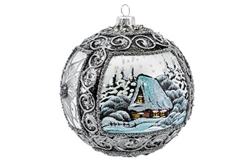 Polish Gallery Christmas Ornament, Winter Charm View with Poinsettia, Blown Glas