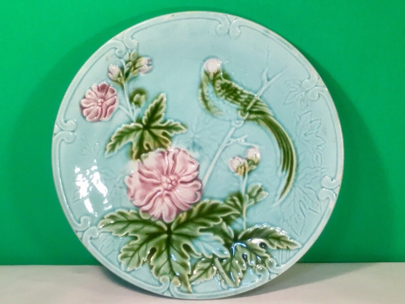 Antique Majolica Plate with Lovebird and Pink Flowers c.1800\'s