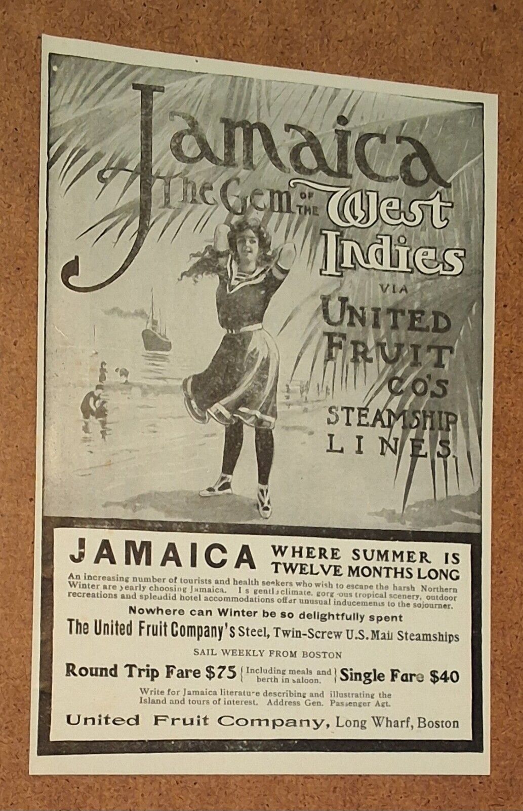 Antique Boston Travel Agency - United Fruit Co Steamship Lines - Jamaica 1904 AD