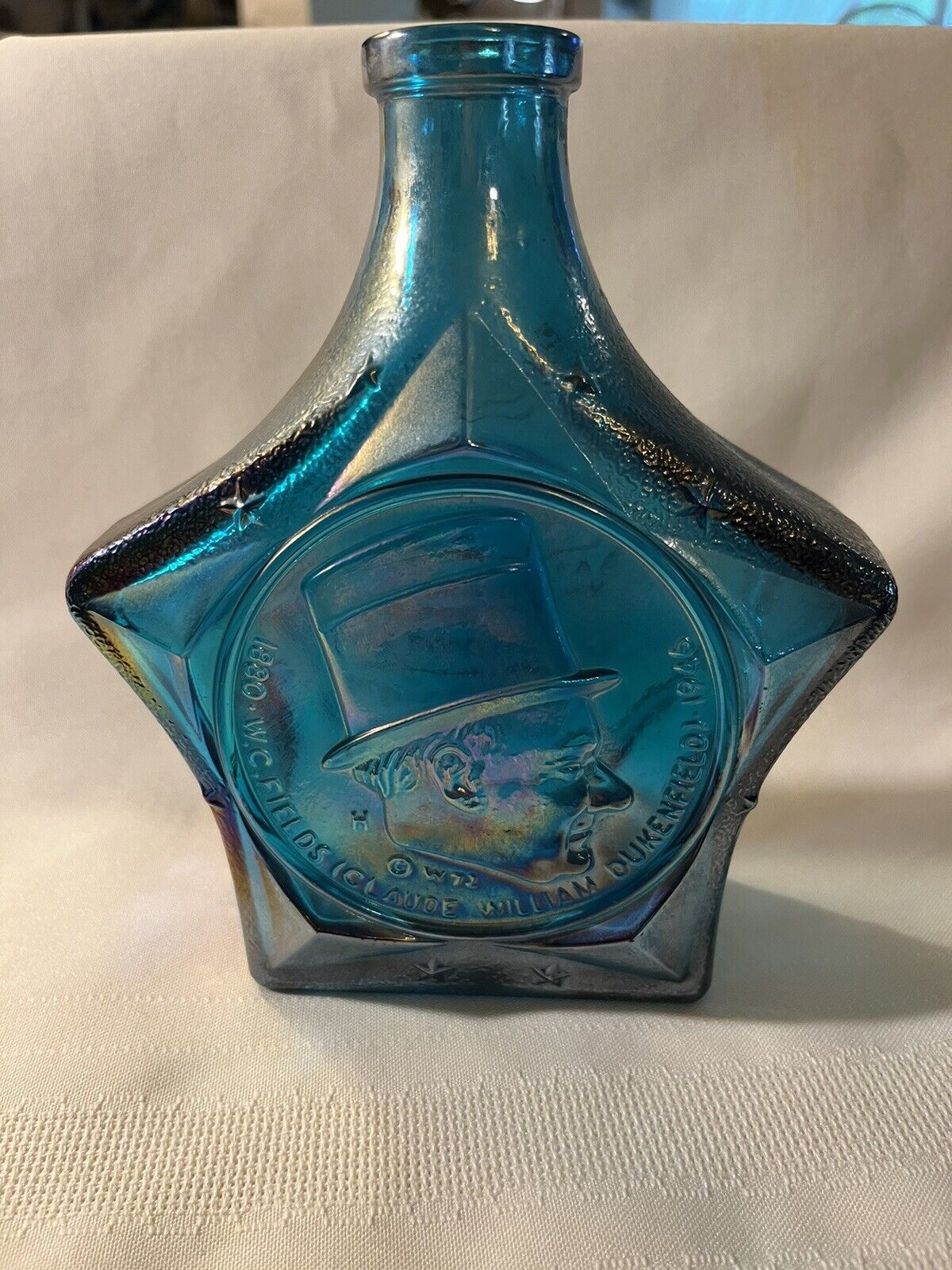 W. C. FIELDS Wheaton Iridescent Blue Carnival Glass Decanter Bottle