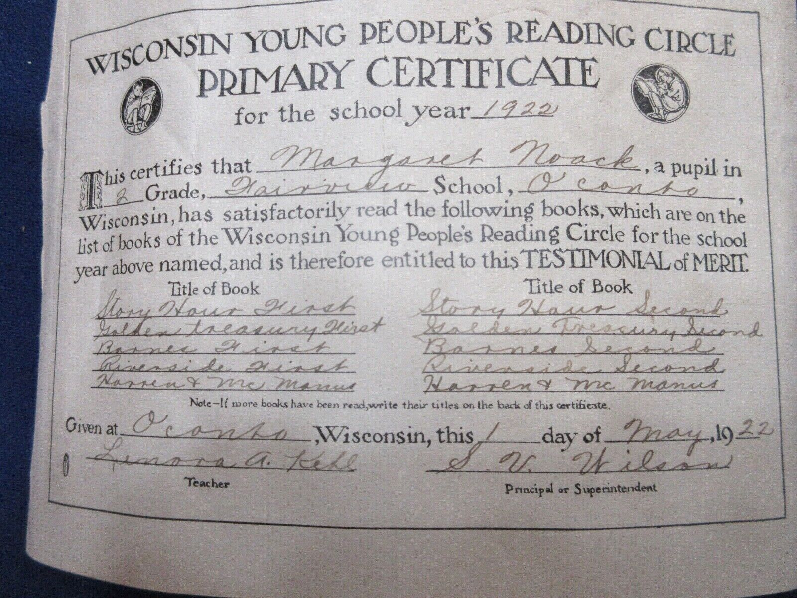 2 1921 Fairview Rural School Primary Reading Circle Certificate Oconto Wisconsin