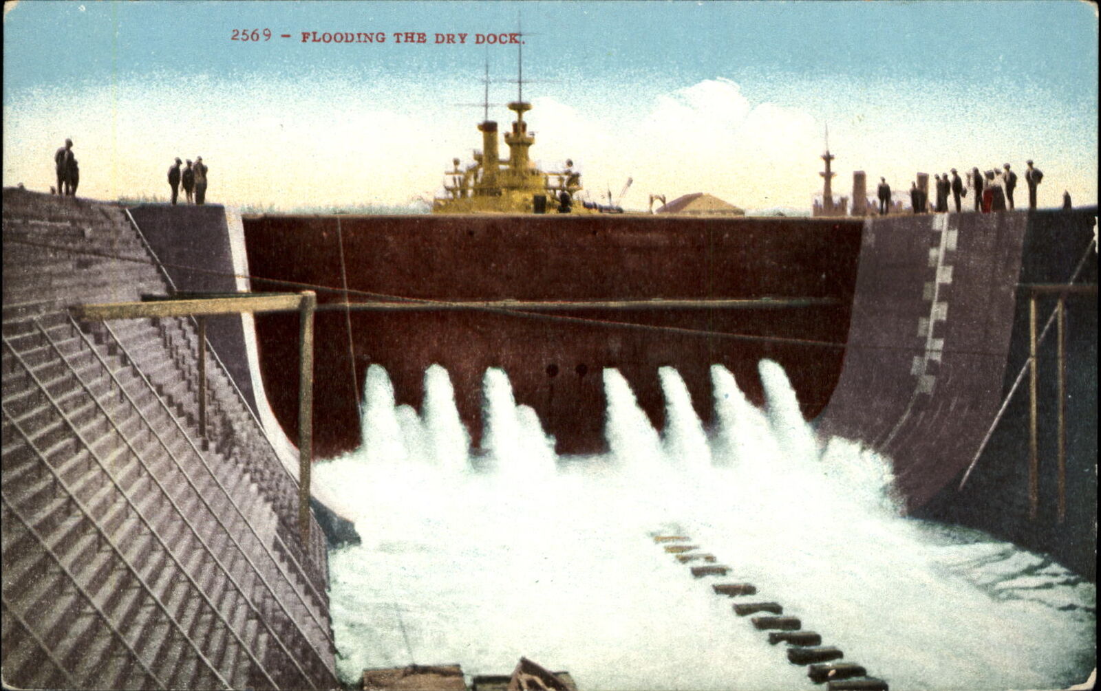 Flooding the dry dock ship Navy ship c1910 Edward Mitchell