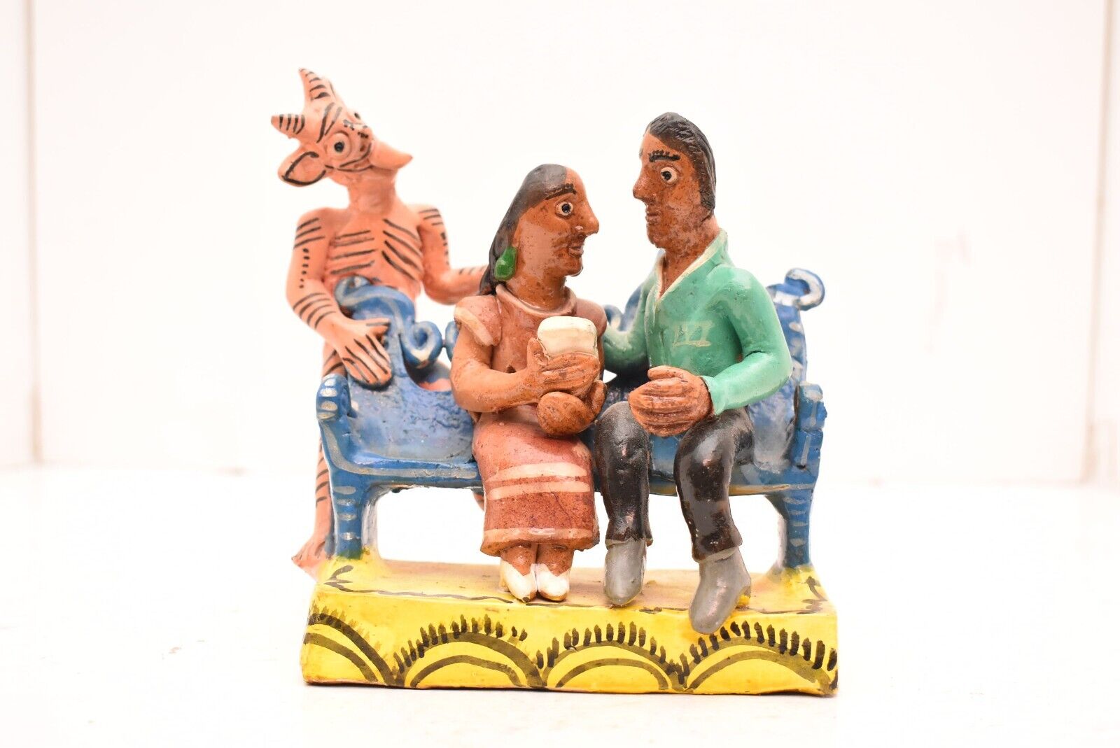 VTG Ocumicho Pottery Mexican Folk art DEVIL With COUPLE on Bench Figure Statue