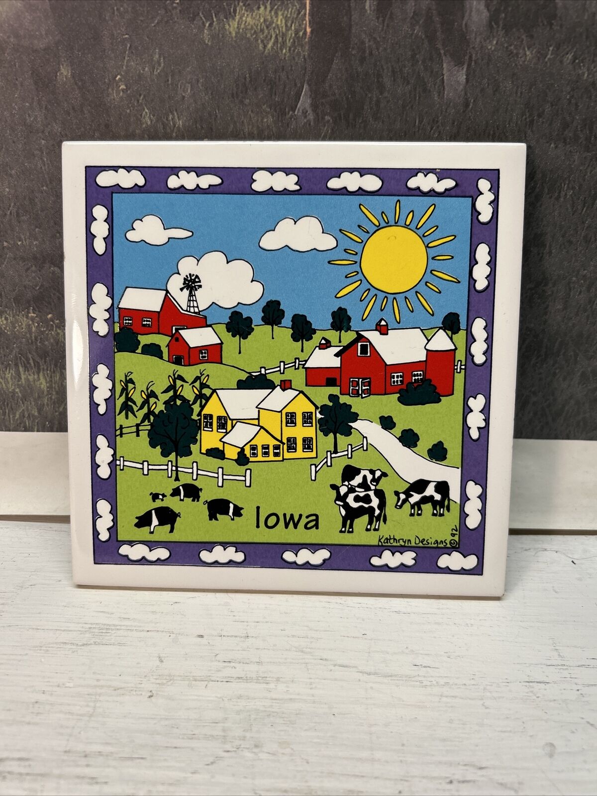 Vintage Kathryn Designs Iowa Farmhouse Scene Colorful Tile Trivet Cow Pigs Dairy